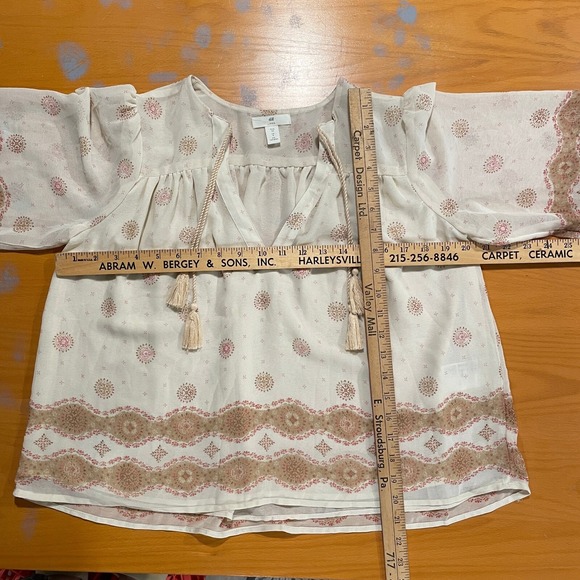 XS Peasant Blouse H&M Bohemian Tassel Top Floral Short Boxy Sheer Gauzy Flowy - Picture 7 of 8